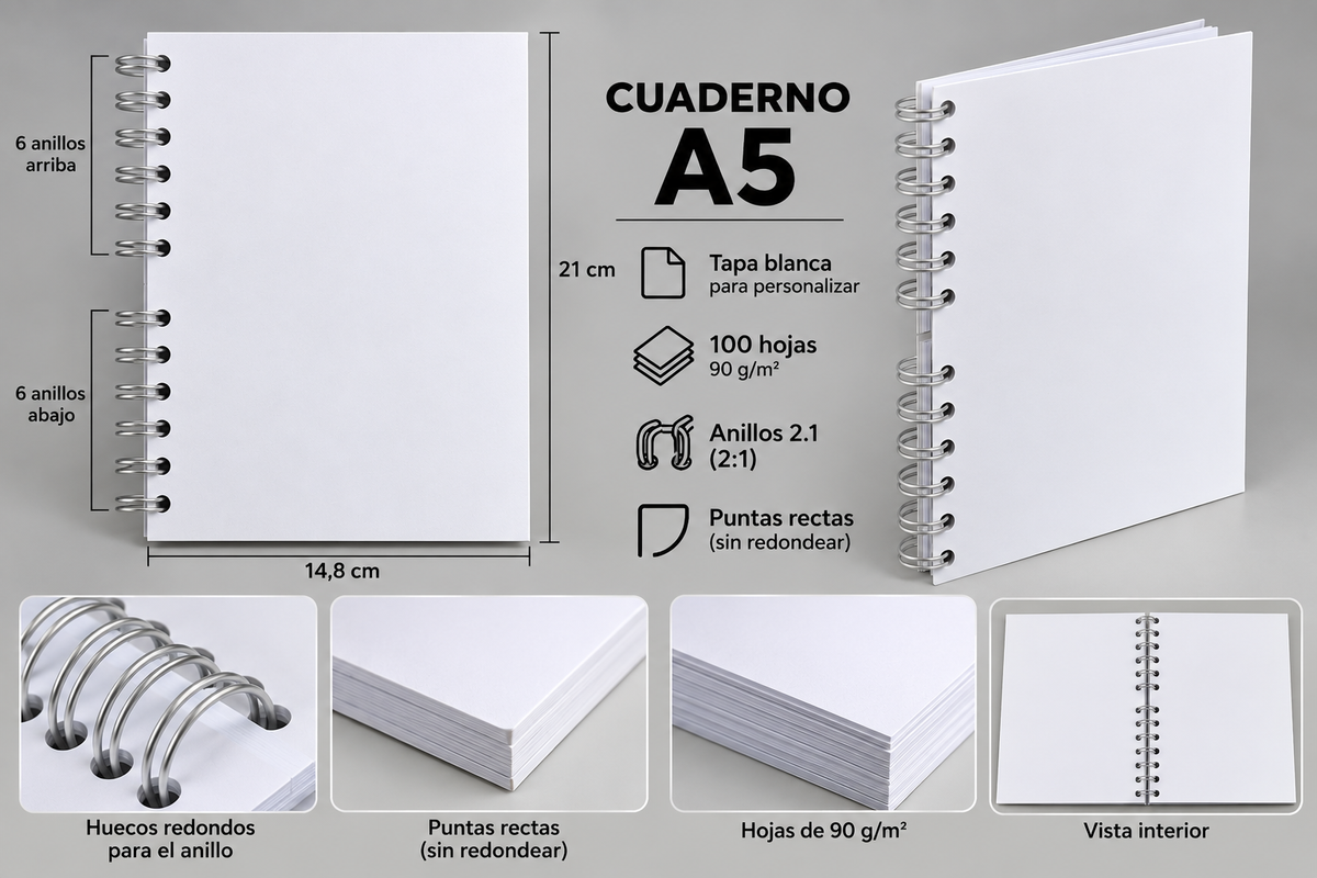 Libreta A5 Personalizada 14,8 x 21 cm – 100 Hojas Lisas, Rayadas o Cuadriculadas