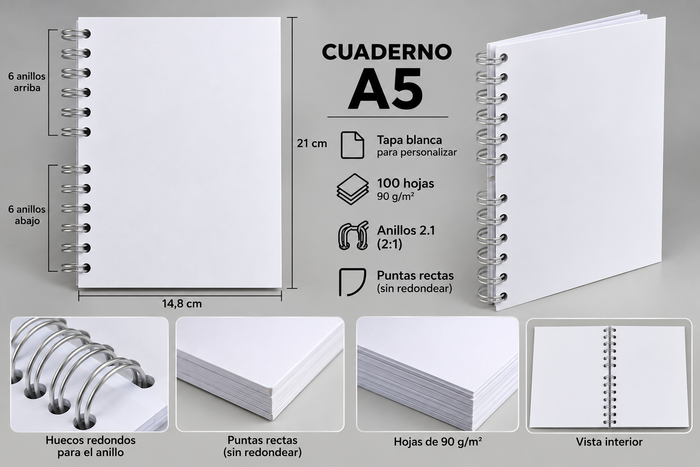 Libreta A5 Personalizada 14,8 x 21 cm – 100 Hojas Lisas, Rayadas o Cuadriculadas