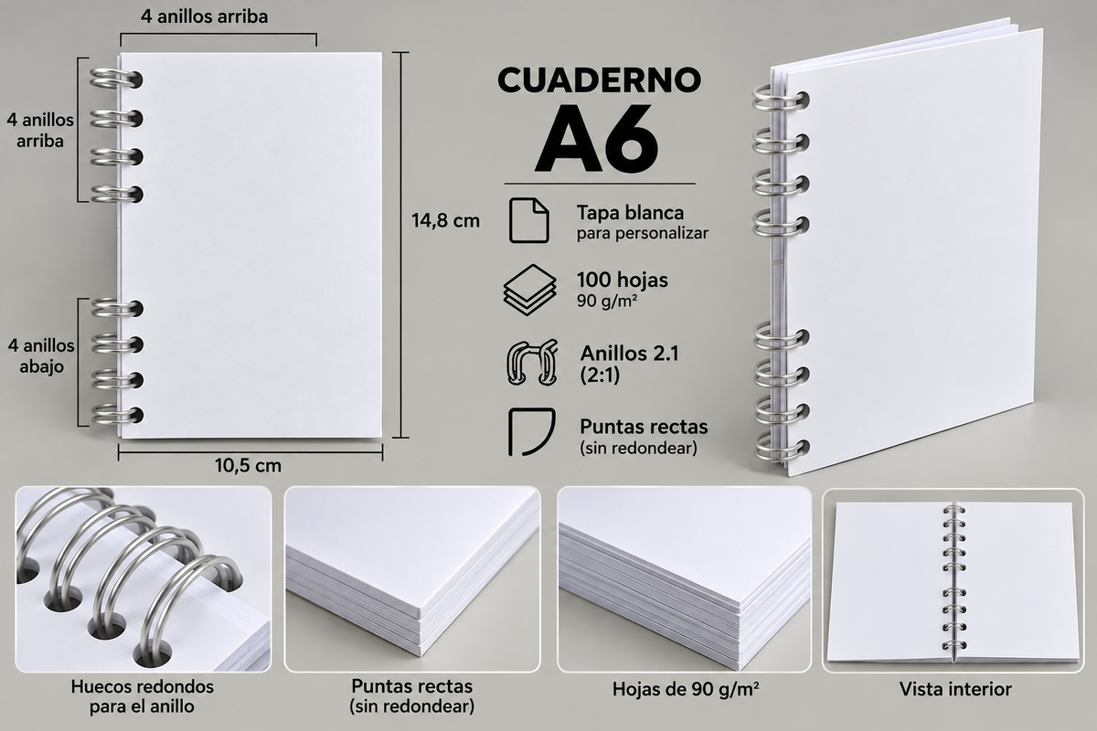 Libreta A6 Personalizada 10,5 x 14,8 cm – 100 Hojas Lisas 90g, Anillada y Laminada