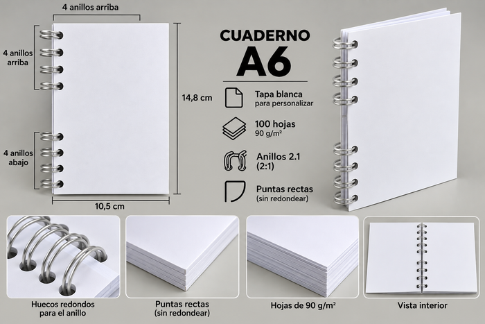 Libreta A6 Personalizada 10,5 x 14,8 cm – 100 Hojas Lisas 90g, Anillada y Laminada