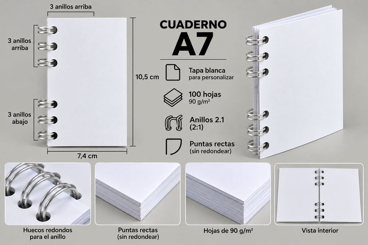 Libreta A7 Personalizada – 100 Hojas Lisas 90g, Anillada y Laminada