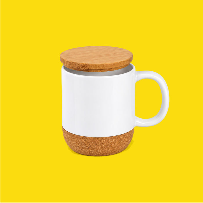 Taza de Cerámica Personalizada con Tapa de Bambú y Base de Corcho